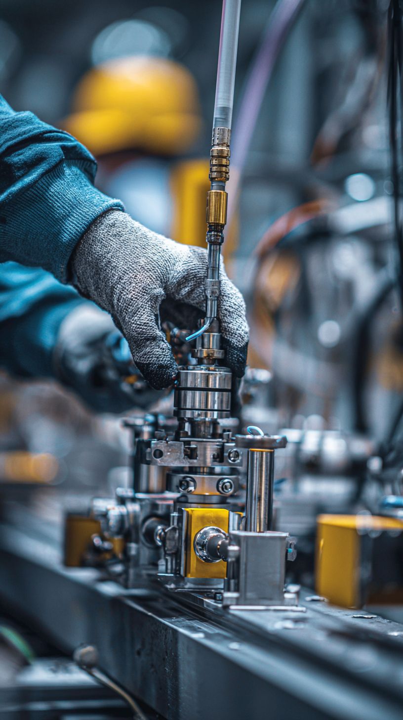 Technician fitting a precision part on industrial equipment